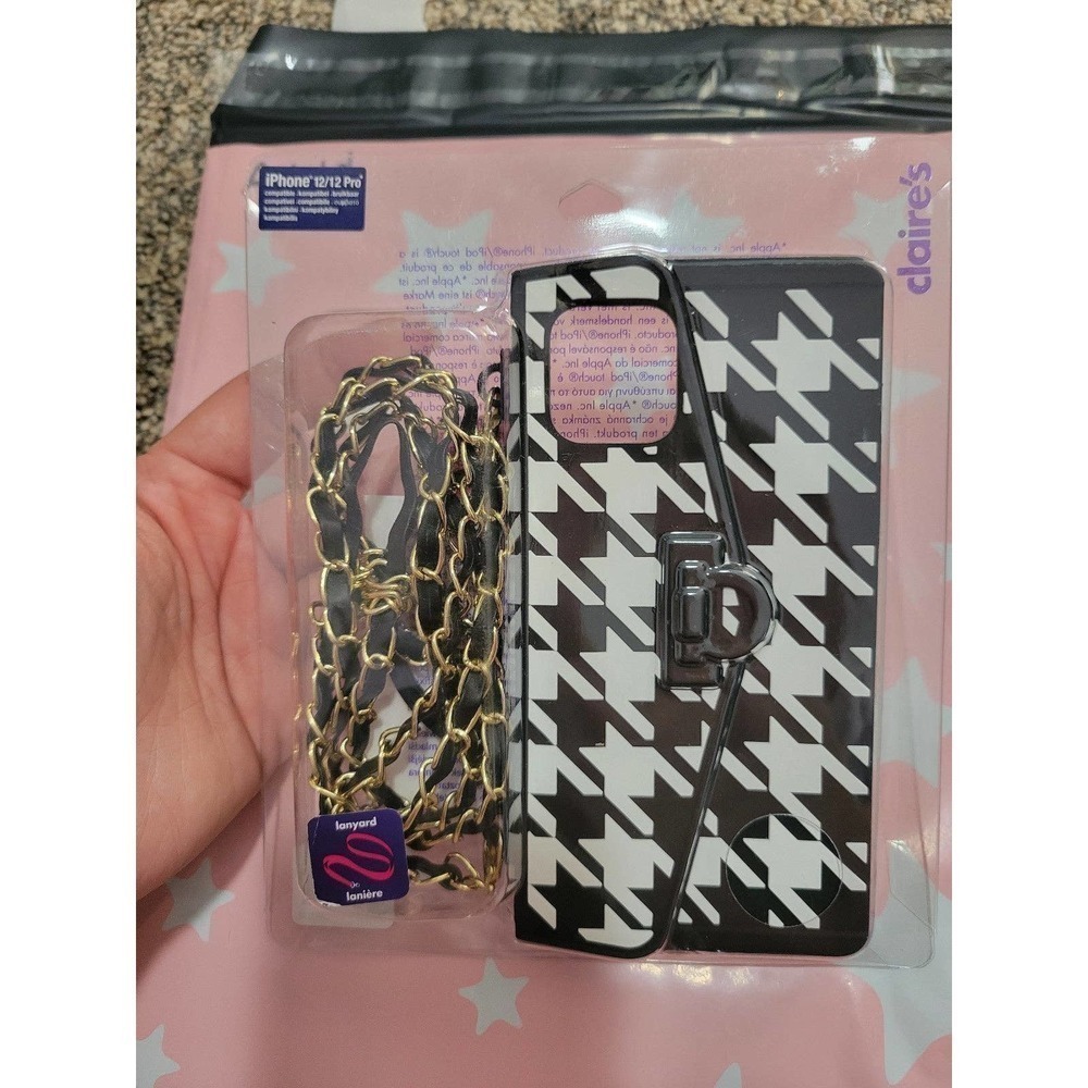 Iphone 12/12 pro case With Lanyard Black And White Purse Style